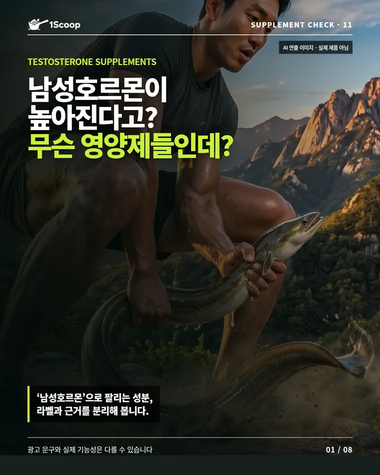 남성호르몬이 높아진다고? 무슨 영양제들인데? 테스토스테론 보충제 팩트체크 카드뉴스 표지